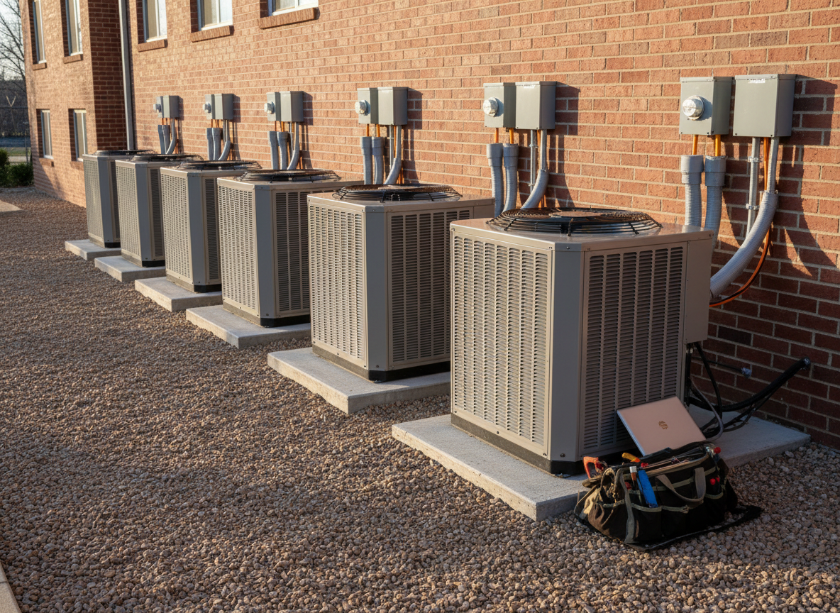 A wide, photographic realism shot of the exterior of a low-rise U.S. apartment building service area, focusing on a row of modern outdoor HVAC condenser units. The units sit on level concrete pads beside a well-maintained brick wall, with neatly bundled refrigerant lines and electrical conduits running into protective junction boxes. A sturdy tool bag and a closed laptop rest on the ground nearby, hinting at professional diagnostics and job-site work. Late afternoon natural light casts soft, angled shadows that emphasize the shapes of the metal grilles and fan covers. The scene is framed at a slightly elevated angle with sharp focus throughout, giving a clear view of the installation quality and tidy surroundings. The mood is professional and practical, suggesting stable, real-world HVAC career opportunities.