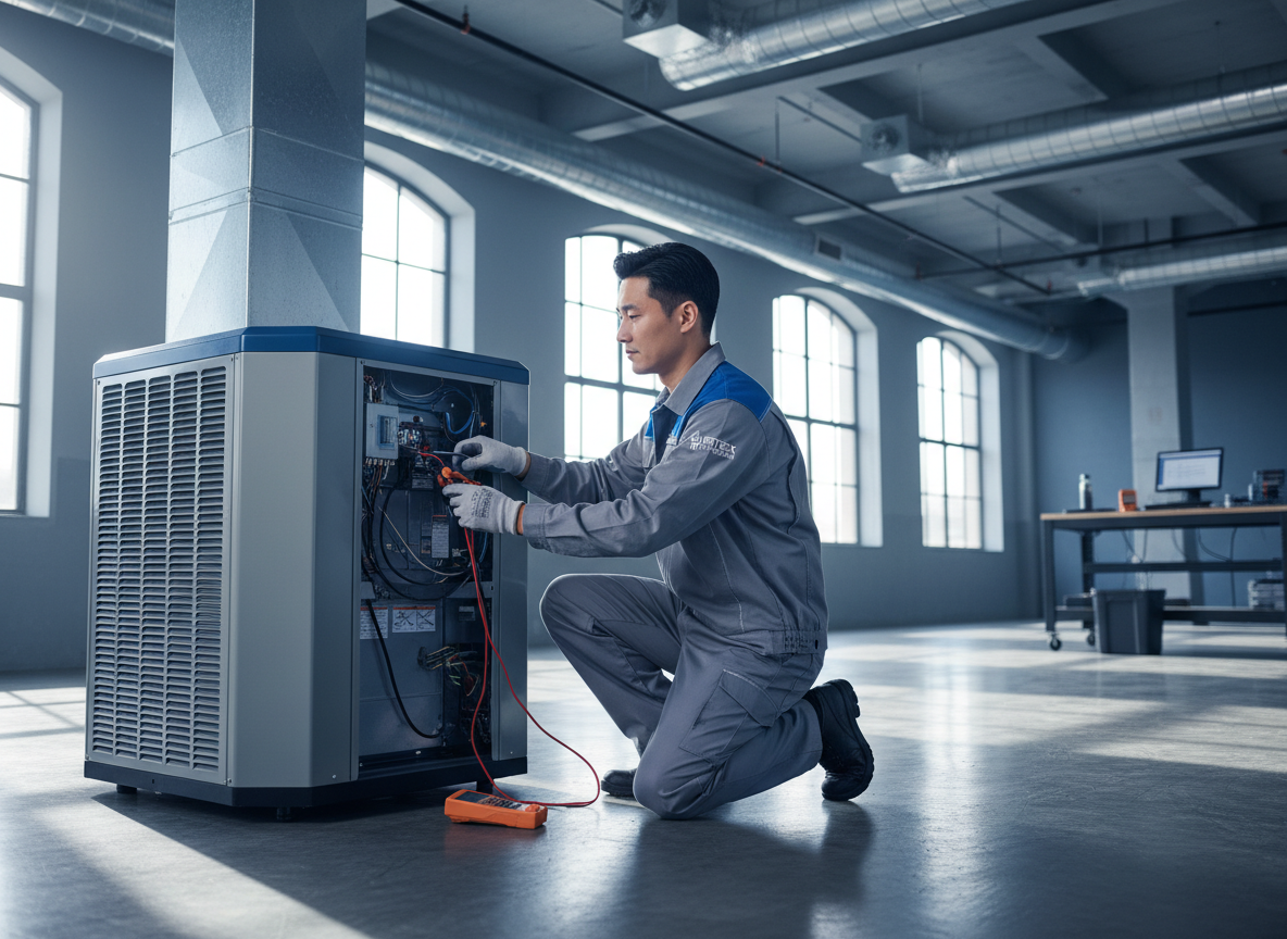 HVAC 기술자가 냉난방 장비를 점검하는 모습 / A Korean American HVAC technician servicing an HVAC unit